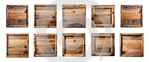 Collection of blank rustic wooden signs with copy space, isolated on transparent background.