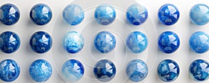 Collection of blue marbles with various patterns