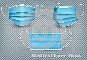 Collection of a blue medical face masks isolated on transparent background. To protect from infection