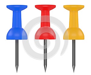 Collection blue, red and yellow push pins isolated on white background