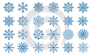 Collection of blue snowflake icons on white background