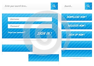 Collection of blue stripped web buttons and forms with shadow