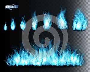 Collection of blue transparent fire  flames.