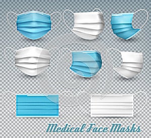 Collection of a blue and white medical face masks isolated on transparent background.