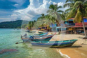 A collection of boats has been stationed on top of the sandy shore, A vibrant tropical fishing village bustling with activity, AI