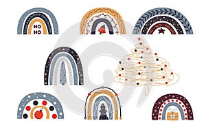 Collection of boho rainbows, isolated elements on white background. love, Christmas, trees.