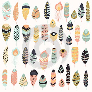 Collection of boho vintage tribal ethnic hand drawn colorful feathers