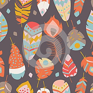 Seamless pattern with boho vintage tribal ethnic colorful vibrant feathers