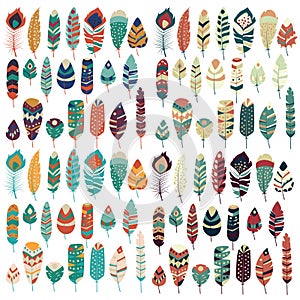 Collection of boho vintage tribal ethnic hand drawn colorful feathers