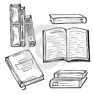 Collection of books. Hardcover books in a stack, open book, top view book in sketch style. Textbooks, literature