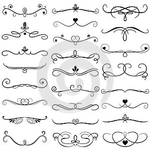 Collection of border dividers. Big set of ornament decorative lines with hearts and swirls.