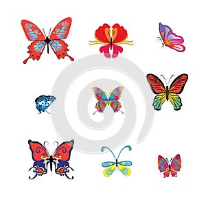 Collection of botanical colorful butterflies, for design, decoration on white background,