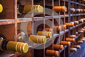Collection of bottles of wine on wood cases