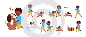 Collection of a boy and dog spending time together. Family, pet, animal care concept, love.