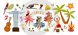 Collection of Brazilian carnival traditional attributes - female dancers dancing samba, musician playing on drums