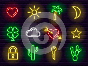 Collection of bright attractive colorful neon casino games bets and entertainment icons