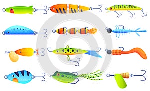 Collection bright bait for fish vector flat illustration. Set of fishing lure with floating and hook