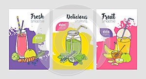 Collection of bright colored flyer or poster templates with refreshing cold drinks and smoothies made of exotic tropical