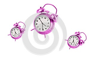 Collection of bright colorful alarm clocks over the white background. New year, christmas, start of new day or party
