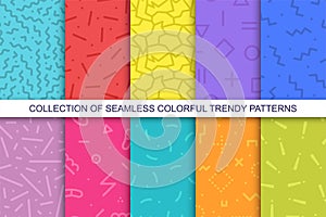 Collection of bright colorful seamless patterns - memphis design. Trendy vibrant vector backgrounds. Fashion retro style