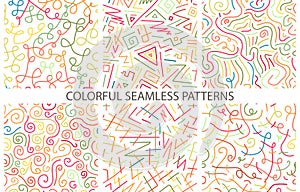 Collection of bright hand drawn seamless curly patterns - delicate design. Vector colorful trendy backgrounds