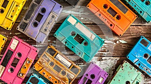 A collection of bright, multicolored vintage cassette tapes arranged randomly. Analog music media. Top view. Backdrop