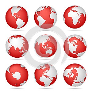 Collection of bright red-white globes icons. Set maps of the world. Planet with continents
