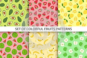 Collection of bright seamless fruits patterns - hand drawn design. Repeatable summer backgrounds. Vibrant endless prints