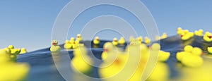 Collection of bright yellow ducks 3d render
