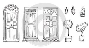 Collection of British traditional doors with flower pots and lanterns, vector sketch