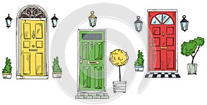 Collection of British traditional home entrance doors , vector sketch