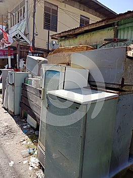 Collection of broken and old refrigerators