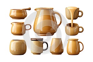 Collection of Brown Ceramic Kitchenware on White Background