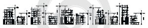 Collection of buildings under construction. Set of black and white construction sites. Unfinished buildings, crane