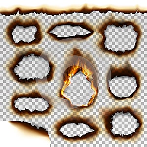 Collection of burnt faded holes piece burned paper realistic fire flame isolated page sheet torn ash vector illustration photo