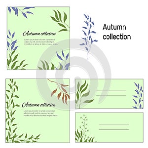 Collection of business cards and a template for text in the autumn style. Grass and plants on a green and beige background. Vector