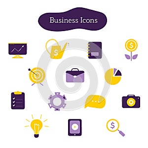 Collection of business icons of yellow and purple colors