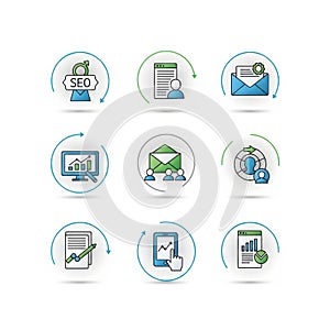 Collection of business and technology icons with data and analytics themes