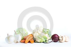 Collection cabbage and fresh vegetables on a white background.