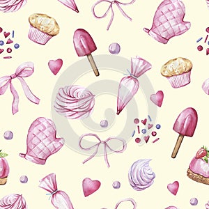 Collection of cakes, kitchen items hand-drawn in watercolor on a beige background. Kitchen, cafe seamless pattern.