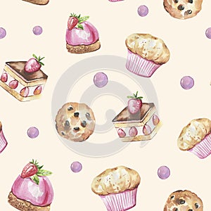 Collection of cakes, kitchen items hand-drawn in watercolor. Kitchen, cafe seamless pattern.