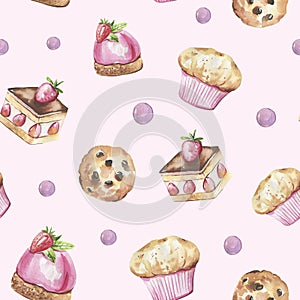 Collection of cakes, kitchen items hand-drawn in watercolor on a pink background. Kitchen, cafe seamless pattern.