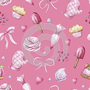 Collection of cakes, kitchen items hand-drawn in watercolor on a pink background. Kitchen, cafe seamless pattern.