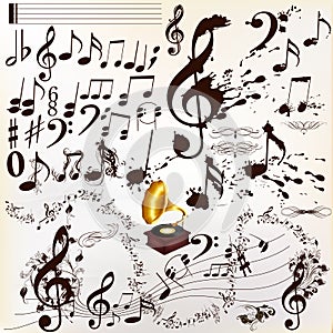 Collection of calligraphic and grunge music elements staves and