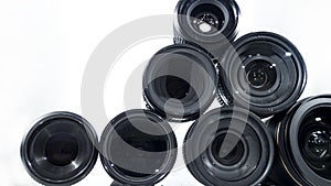 Collection of camera lens isolated on white background