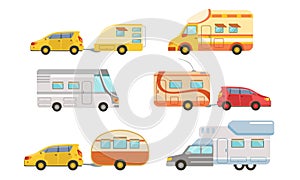 Collection of Camper or Commercial Trailers, Car with Trailer, Trailering, Camping, Outdoor Adventures Vector
