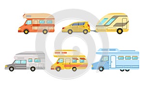 Collection of Camper Trailers Set, Trailering, Camping, Outdoor Adventures Vector Illustration