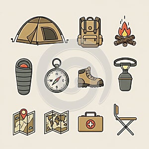 Backpack, a campfire, a sleeping bag, a compass, a hiking boot, a