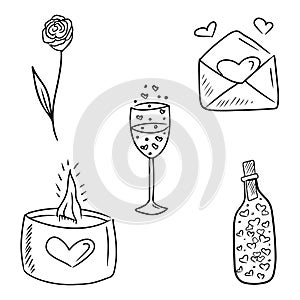 Collection of candle with wooden wick in jar, heart, opened envelope, rose flower, bottle with champagne bubbles glass. Hand drawn