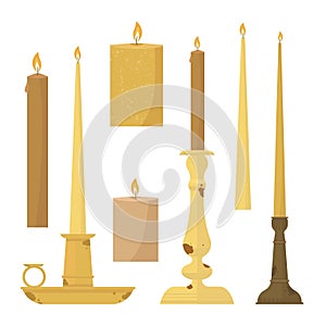 Collection of candles in candlesticks on a white background. Cartoon style